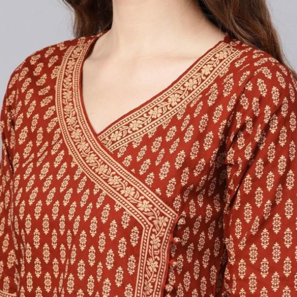 Indo Era Maroon & Beige Printed Anghrakha Kurta with Plazzos & Dupatta - Picture 9 of 14